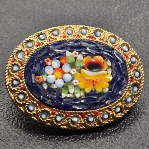 Vintage Italian Micro Mosaic Millefiori Brooch – Floral Oval Pin Gold Tone Italy